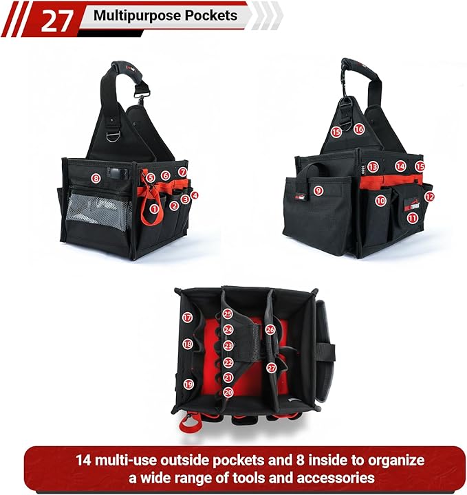 MELOTOUGH Electrical and Maintenance Tool Carrier 24-Pocket Large Electrician Tool Pouch Bag Open Top Tools Tote Bag with ‌Waterproof Base & Dual Carry Handle‌ for Gardeners/Technician