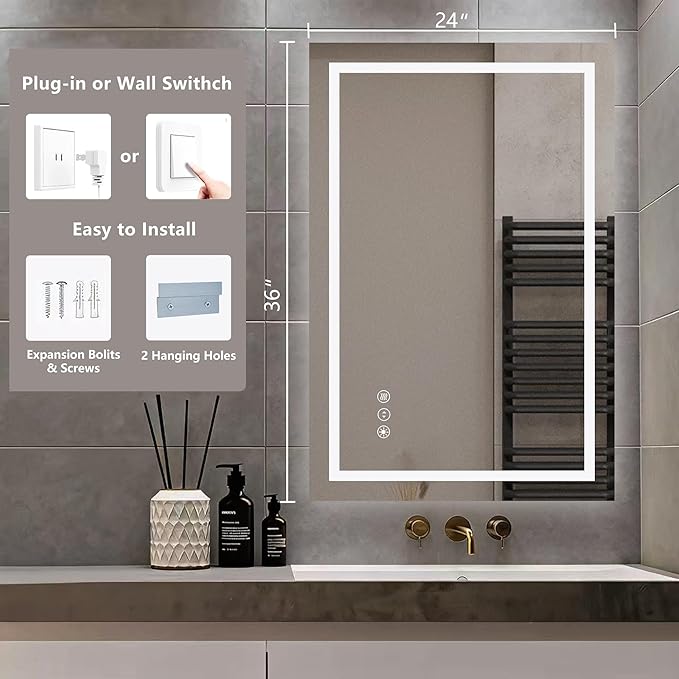 24" x 36" LED Lighted Bathroom Mirror - Backlit + Front Lit Dimmable Vanity Mirror with 3 Color Temperature, Anti-Fog, Memory Function, Shatter-Proof Tempered Glass Wall Mounted LED Mirror