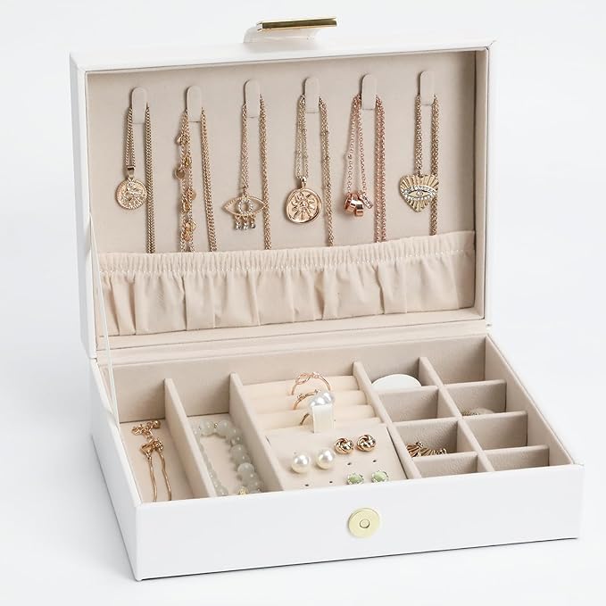 Portable Jewelry Organizer Box with Leather Strap Single Layer Storage for Earrings, Necklaces, Rings Travel Jewelry Case for Women White