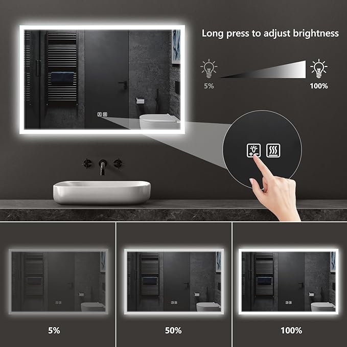 APRILSOUL 48x36 Inch LED Mirror for Bathroom, Led Vanity Mirror with Front and Backlit, 3 Color Lights, Memory Function, Anti-Fog and Dimmable Light (Horizontal/Vertical)