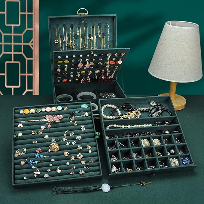 Jewelry Organizer 5 Layers Velvet Square Jewelry Box Women Necklace Ear studs Display Bangles Large Jewelry Storage Case Drawer GY306 (blackish green)