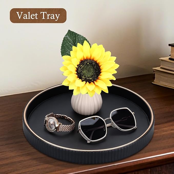 GORESE 12" Decorative Tray for Home Decor, Round PU Leather Coffee Table Tray Table Centerpiece for Living Room, Dresser, Vanity, Valet Tray Nightstand Organizer for Trinket Perfume Key, Black