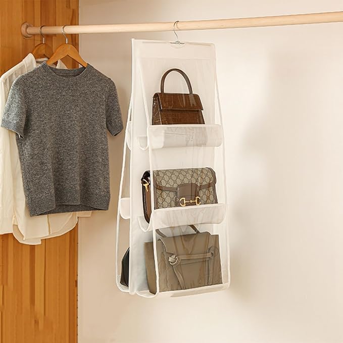HAN SHENG 6 Pockets Clear Handbag & Purse Organizer Hanging Bag Storage - Space Saving Hanging Shelf for Closet, Wardrobe, Over Door (1 Pack, White)