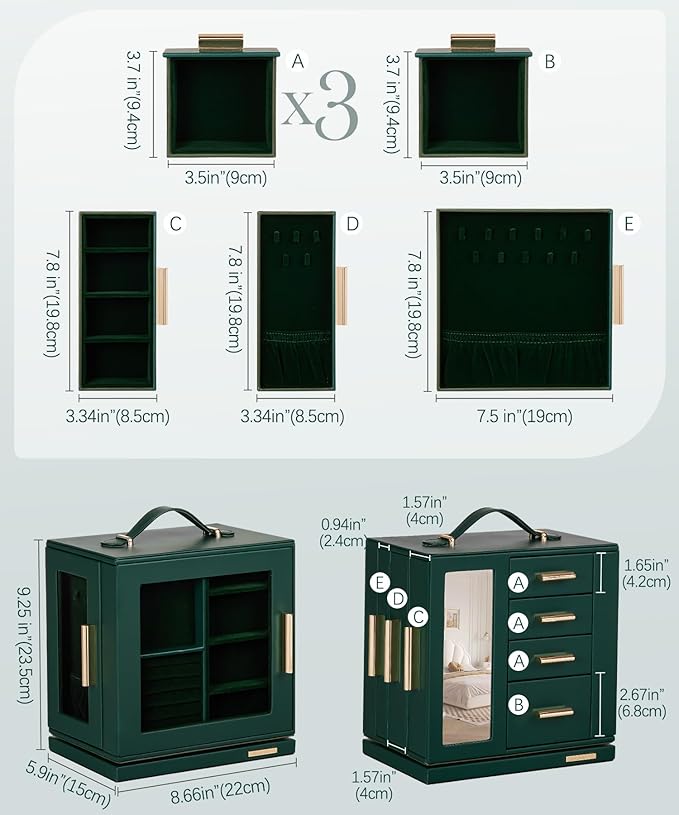 Homde Valentine's Day gifts Jewelry Box 360° Rotating, Necklace Earring Organizer with Transparent Window, Mirror, 7 Drawers, Large Ring Display Storage Case for Girls Women (Forest Green)