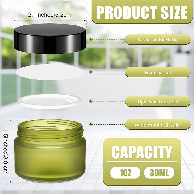 Domensi 60 Pcs 1oz Glass Jars with Lids Bulk Salve Tins Winter Cream Container Small Glass Candle Cosmetic Jars for Travel Lip Balm with Inner Liners for Lotion Sample Cream(Green, Black Lid)