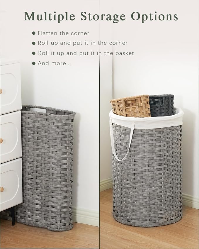 Laundry Hamper Laundry Basket Round 19.0 Gal (72 L) Handwoven Rattan Hamper, Large Wicker Laundry Hamper with Removable Laundry Bag Handles 2 Mesh Bags for Bathroom Living Room Gray (No Lid)