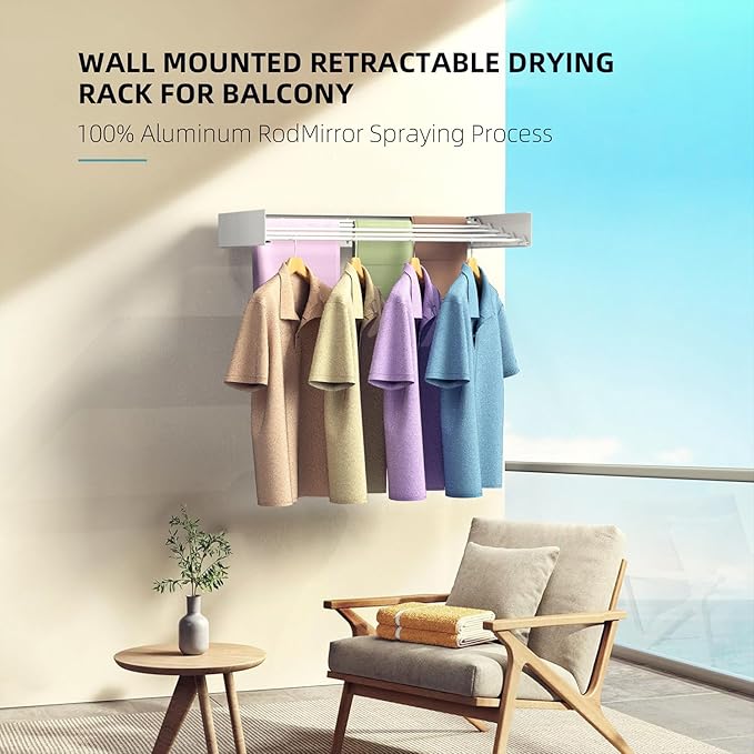 Laundry Drying Rack, Collapsible Wall Mounted Clothes Drying Rack - Drying Rack Clothing Foldable,Space Saving, 31.6" Wide, 13.2 Linear Ft, 5 Aluminum Rods, 60 lb Capacity (White, 31.6")