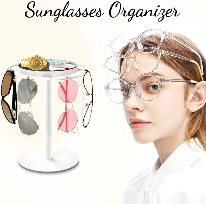 LSK Metal Sunglasses Organizer, Glasses Holder Stand with Storage Tray, Eyeglasses Holder with Anti-Slip Pads for Tabletop, Desk, Dresser, White