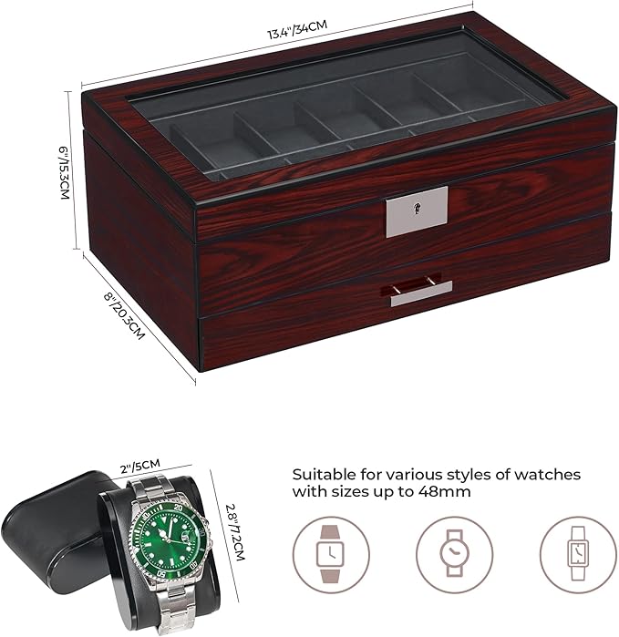 ANWBROAD 12 Slot Watch Cases for Men, Watch Box with Large Lid Jewelry Box with Watch Storage 2-Tier Paint Surface, Watch Holder Organizer for Men Lockable Watch Display Case UJWB001Y