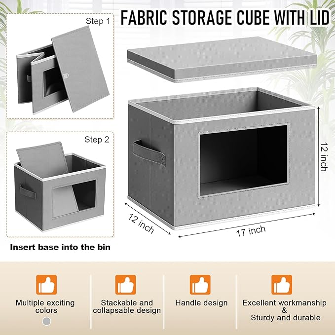 10 Pcs Fabric Storage Bins with Lid 17x12 Inch Stuffed Animal Storage Boxes with Window Handle Collapsible Cube Organizer Basket for Shelves Closet Bedroom Office Clothes Books (Dark Gray)