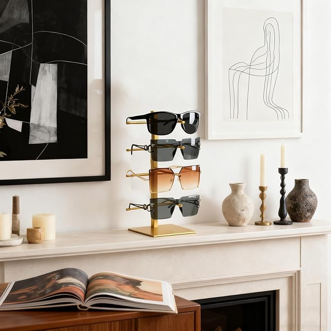 3-Tier Sunglass Display Stand,Sunglasses Organizer，Titanium Brushed Eyeglass Holder Stand，Gold Sunglasses Rack for homes, offices, boutique shops（PATENT PENDING