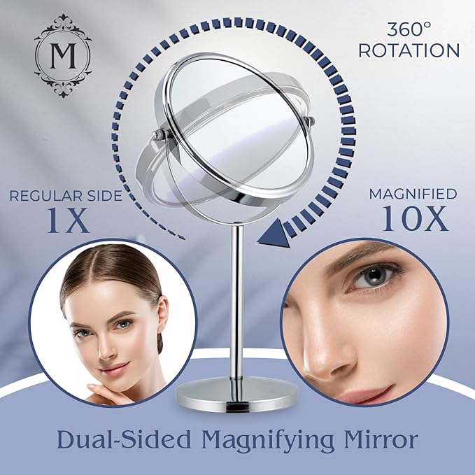 10X Magnifying Makeup Mirror on Round Stand for Tabletop, Bedroom Vanity Desk and Bathroom Counter - Free Standing Double Sided 10X/1X Magnification Mirror - 7" Wide and 14" Tall (Chrome)