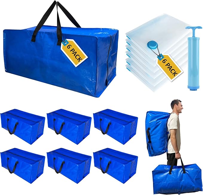 12 Pack Heavy Duty Extra Large Moving Bags with Backpack Straps & Large Vacuum Storage Bags Moving Supply Combo, Moving Totes with Handles & Zippers for Space Saving, Fold Flat, Includes Vacuum Bags