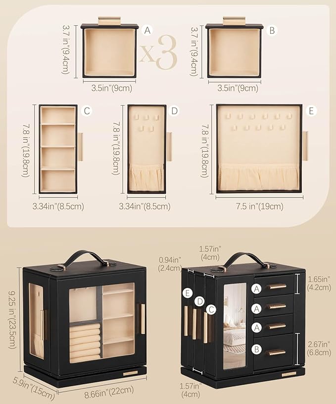 Homde Valentine's Day gifts Jewelry Box 360° Rotating, Necklace Earring Organizer with Transparent Window, Mirror, 7 Drawers, Large Ring Display Storage Case for Girls Women (Black)