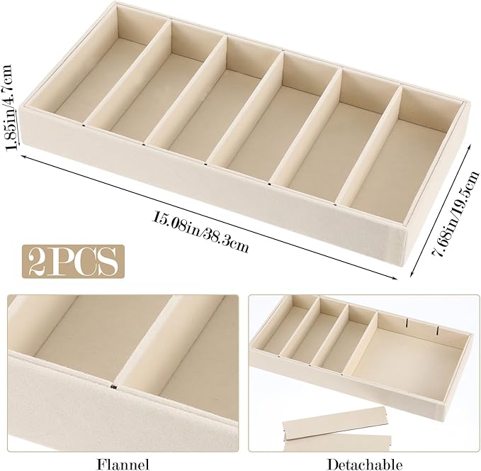 2 Pack Sunglasses Organizer Tray 6 Grid Jewelry Glasses Holder Storage Organizer Drawer Eyeglasses Sunglasses Display Velvet Tray for Women Glasses Jewelry Display Watch (Beige)