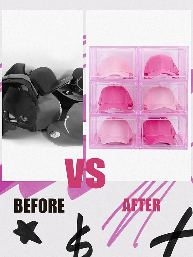6 Pack Hat Organizer Box, Stackable Clear Baseball Caps Holder Box Containers with Magnetic Door for Hats Snapback Cap Storag, Hat Rack Display Case, Holds 8 Hats Each (Pink)