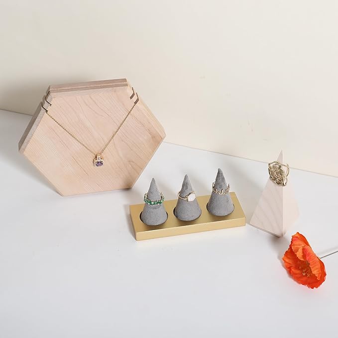 GemeShou grey jewelry ring display holder for selling, velvet ring cone display stand, cute cone shaped ring holder with golden coated base,Small jewelry ring storage organizer【Ring holder-grey】