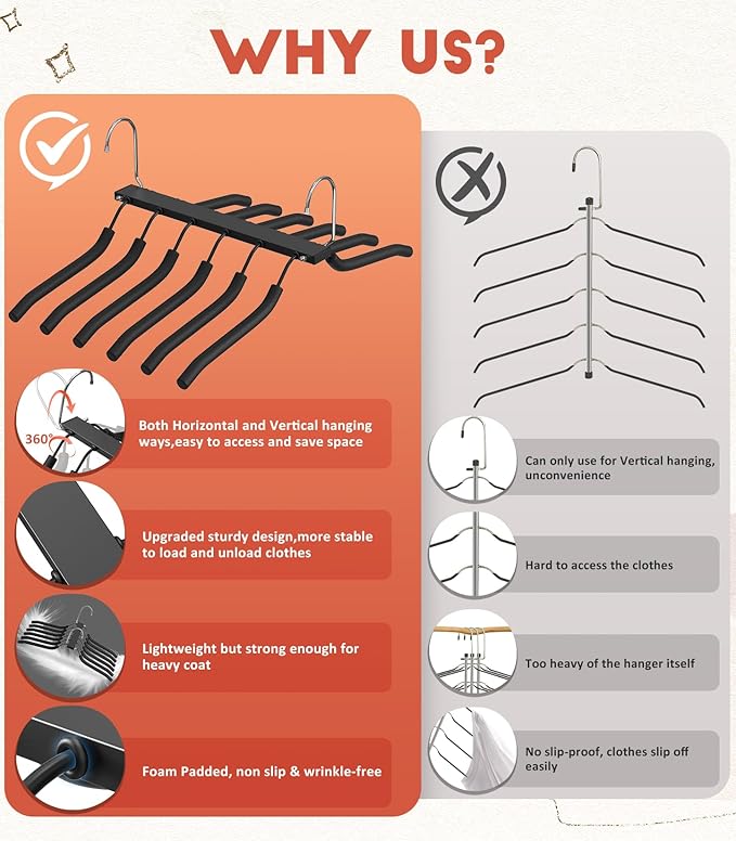 Clothes Hangers Space Saving 6 Tier Coat Hangers, Swing Arm Non Slip Padded Multi Sweater & T Shirt Hangers, 3 Packs Heavy Duty Stainless Steel Sweater Closet Organizers and Storage