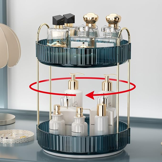 360 Rotating Makeup Organizer for Vanity, Bathroom Countertop Organizer Spinning Perfume Organizer, High-Capacity Cosmetic and Skincare Dresser Make Up Holder Rack (2 Tiers, Blue)
