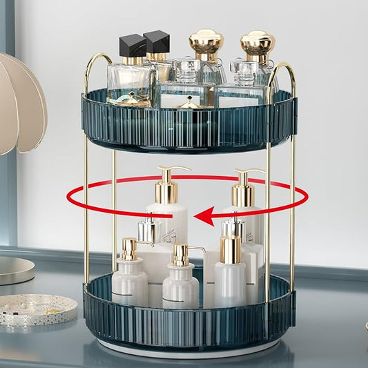360 Rotating Makeup Organizer for Vanity, Bathroom Countertop Organizer Spinning Perfume Organizer, High-Capacity Cosmetic and Skincare Dresser Make Up Holder Rack (2 Tiers, Blue)
