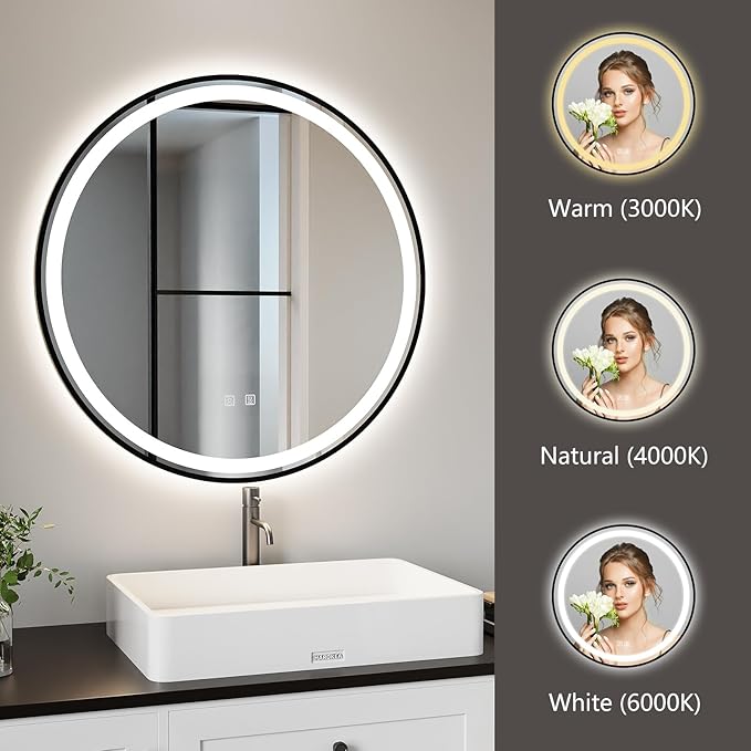 APRILSOUL 36 Inch Round Aluminum Framed LED Bathroom Mirror with Lights, Makeup Mirror with Front and Backlit, Anti-Fog, 3 Colors and Dimmable Light