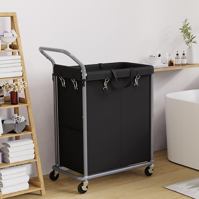Laundry Hamper 2 Section, Rolling Laundry Basket with Wheels, Laundry Cart with Removable Liner, 37 Gallons (140L) Clothes Hamper, Blanket Dirty Clothes Basket Steel Frame with Handle(Black)