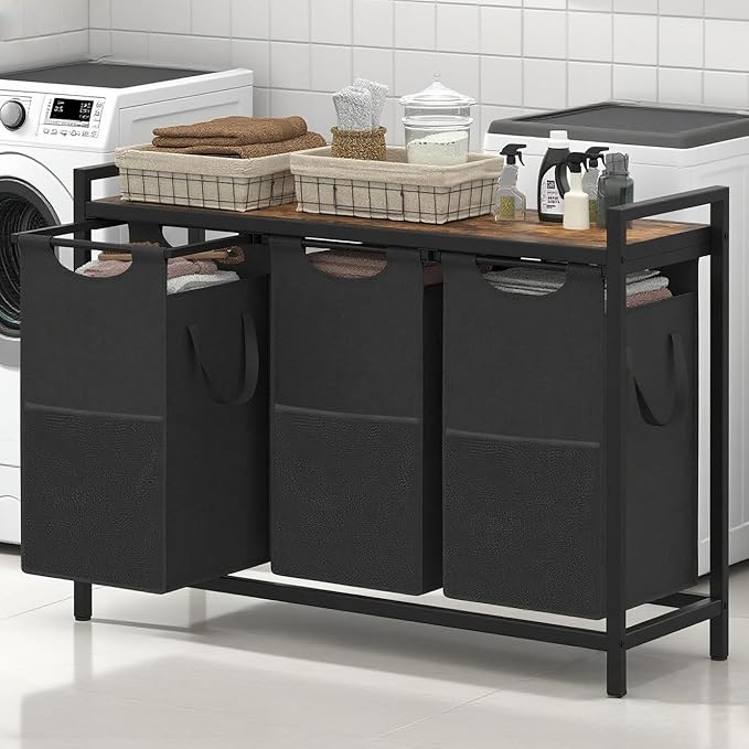 Heybly Laundry Hampers, 3 × 15 Gal (171 L) Laundry Basket with Large Desktop Sorter for Laundry Room Organization, Bathroom and Dorm Laundry Bags on Storage Shelf, Rustic Brown HLH003SR