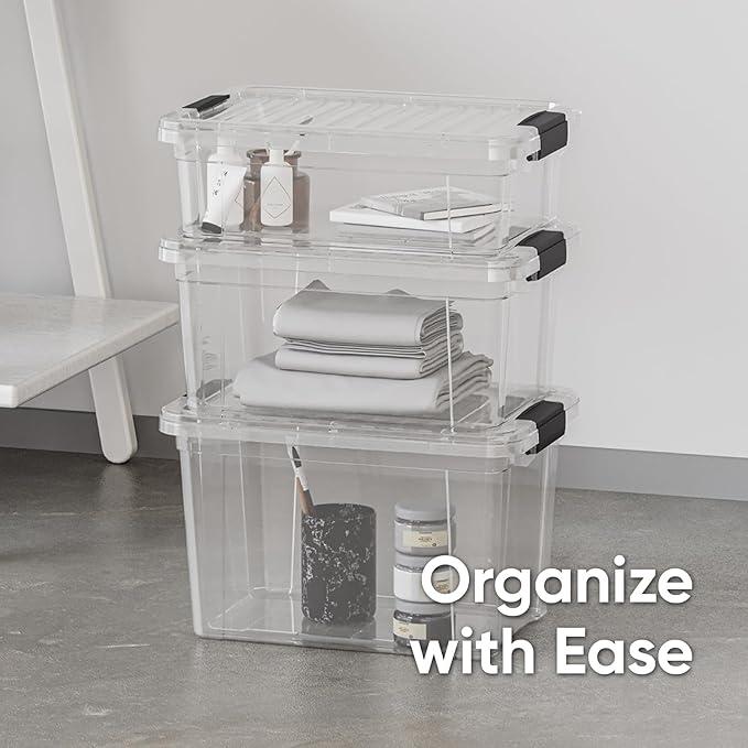 Superio Clear Storage Box with Lid, 8.75 Quart Plastic Container Bins for Organizing, Stackable Crates, BPA Free, Non Toxic, Odor Free, Organizers for Home, Office, School, and Dorm, 18 Pack