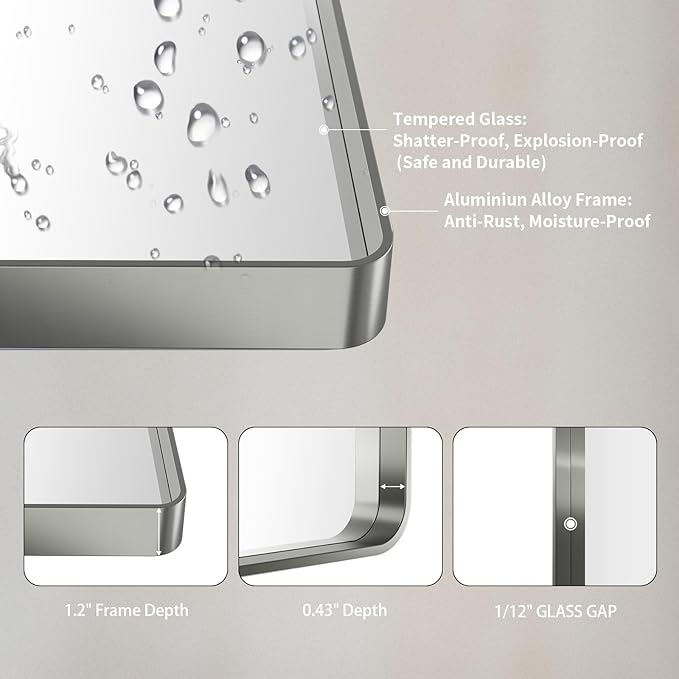 LOAAO 72X36 Inch Brushed Nickel Bathroom Mirror, Rounded Rectangle Silver Metal Frame Mirror, Brushed Nickel, Anti-Rust, Shatter Proof, Hangs Horizontally or Vertically