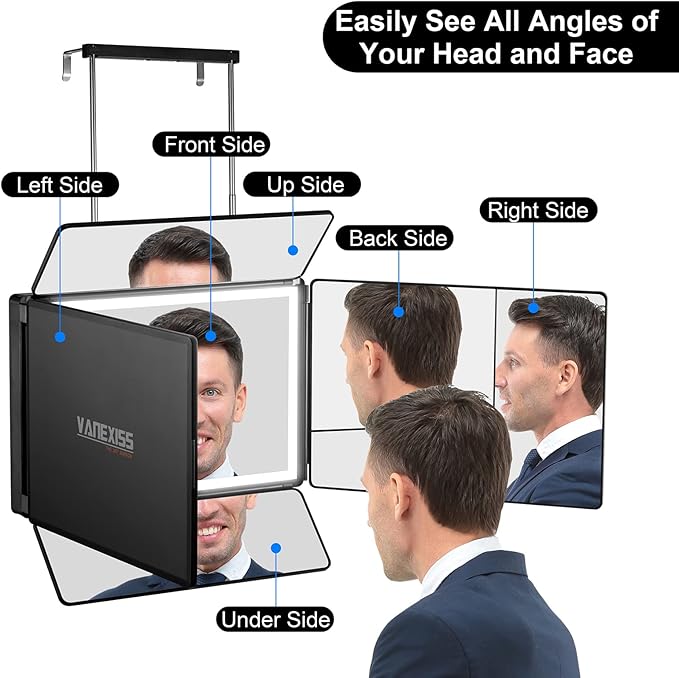Rechargeable 5 Way Mirror for Hair Cutting, Real Glass Adjustable Trifold Mirror with Light & Telescoping Hooks for Makeup & Styling - Portable DIY Tool to Cut, Trim or Shave Your Head & Neckline