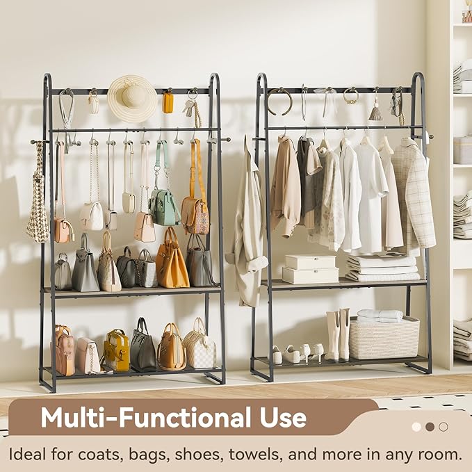 KAFAHOM Purse Organizer for Closet, Heavy Duty Coat Rack freestanding for Entryway, Oversized Bag Shelf, Purse Holder for Hanging Strap Handbags, Clothing, Ideal Storage for Small Space Solution