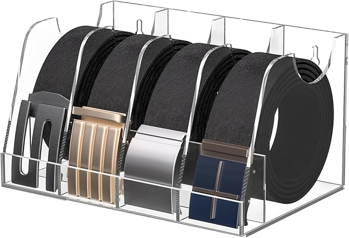 Belt Organizer 4 Compartments, Clear Acrylic Belt Storage for Closet, Wall Mount Belt Holder