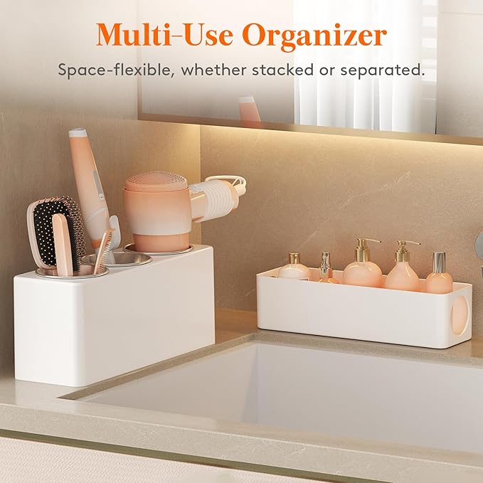 Lifewit Hair Tool Organizer Countertop, Removable Blow Dryer Holder for Bathroom, Acrylic Hot Tools Organizer Storage for Curling Iron, Brush, Straightener, 3 Stainless Cups, White, 30 cm/12 inch(L)