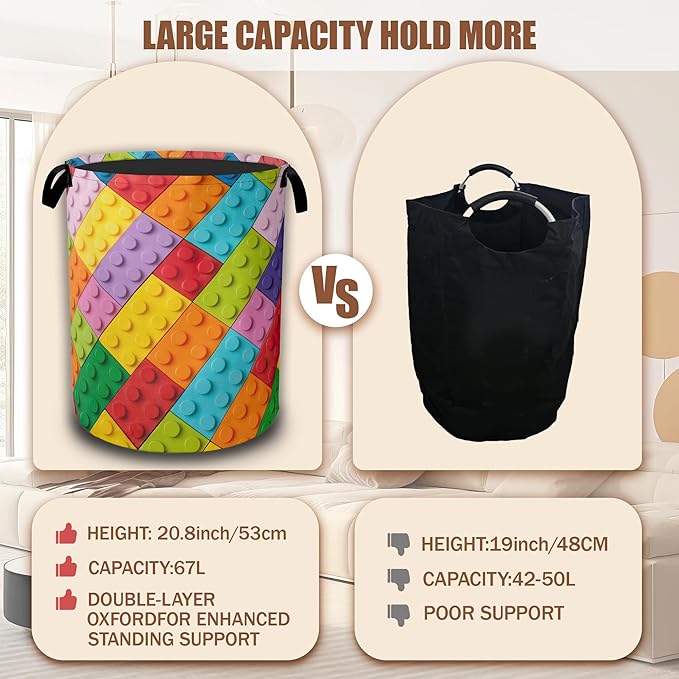Colorful Building Blocks Laundry Basket,Waterproof Foldable Laundry Hamper,Dirty Clothes Baskets, Linen Bin Storage Organizer Collection 16" x 20.8"