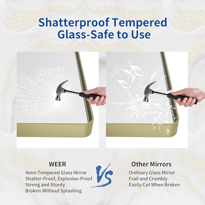 WEER Gold Bathroom Mirror, 50X30 Inch Brushed Gold Metal Frame Mirror, Rounded Rectangle Gold Bathroom Vanity Mirror for Wall, Tempered Glass, Anti-Rust, Hangs Horizontally or Vertically