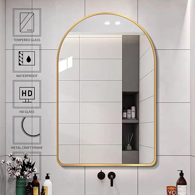 20x28 inch Gold Arched Mirror for Bathroom Vanity Mirror or Wall Decor Arch Mirror Brushed Metal Frame Wall Mounted Mirror for Bathroom LivingRoom Bedroom Entryway