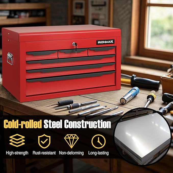 IRONMAX Small Tool Box, 24" Lockable Steel Toolbox with 6 Drawers & Top Tray, Heavy Duty Tool Chest Cabinet Storage Organizer for Garage, Workshop, Repair Shop, Warehouse (Red)