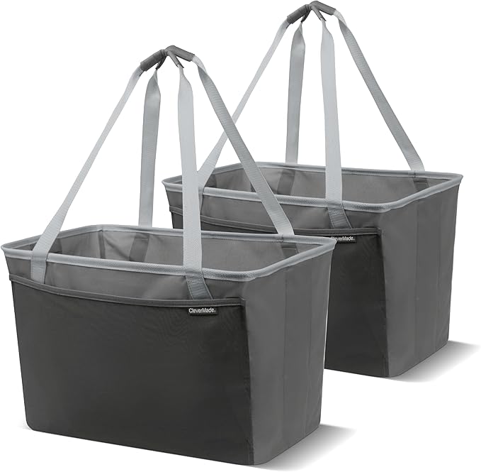 CleverMade Collapsible Tote MAX Carry All - Charcoal Gray 2-Pack 50L - Foldable Storage Organization Container with Storage Pockets and Handles