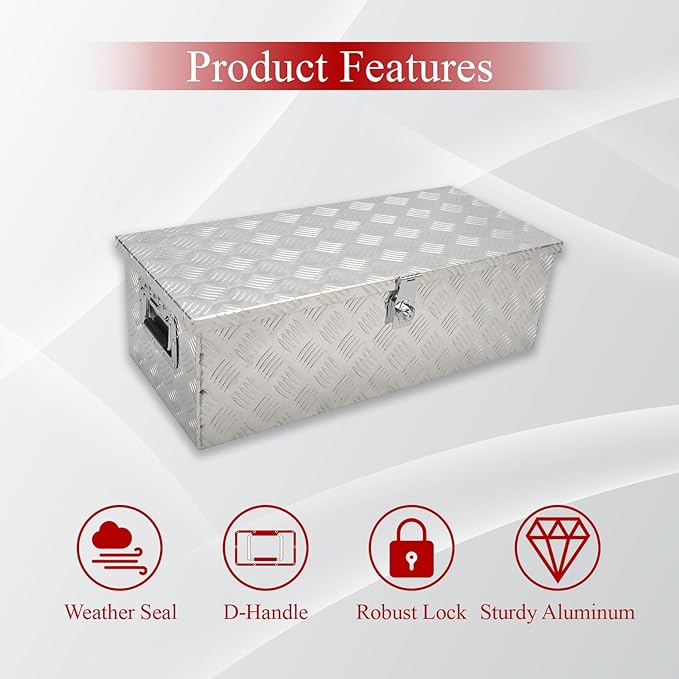 30''Inch Aluminum Truck Tool Box Truck Bed Toolbox Trailer Chest Box Storage Organizer Waterproof Square Storage Organizer w/Side Handle Lock&Keys Silver(‎30" Lx13'' Wx10'' H)