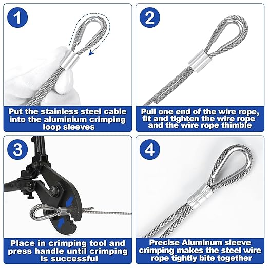 TooTaci 1/8 Wire Rope Kit, 100ft Vinyl Coated Stainless Steel Cable with 50pcs Crimping Sleeves and 20pcs Thimbles, 7x7 Strand Core Metal Cable for String Light, Shade Sail, Clothesline, Curtain