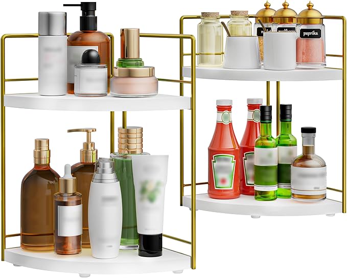 2 Pack Bathroom Counter Organizer, 2 Tier Corner Bathroom Counter Organizer Wooden Vanity Organizers for Bathroom Organizers and Kitchen Storage Dresser Decoration