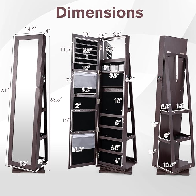 360° Swivel LED Mirror Jewelry Cabinet with Full Length Mirror, Lockable Floor Standing Mirrored Jewelry Armoire Organizer w/Inside Makeup Mirror & Back Storage Shelves, Space-Saving (Espresso)