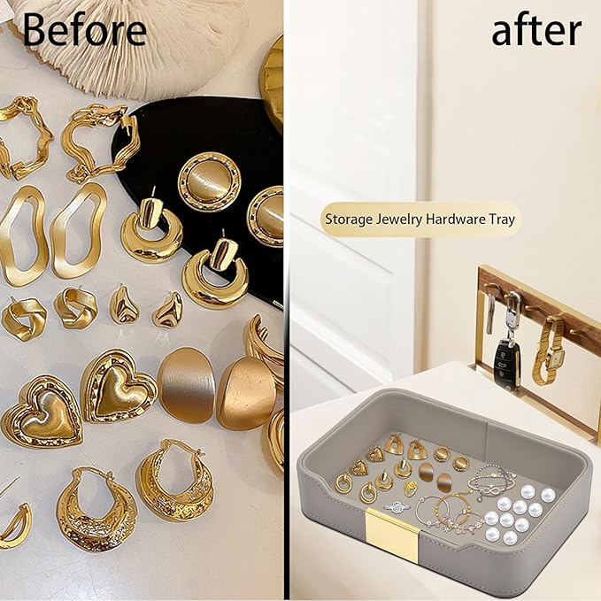 Leather Jewelry Tray Desktop Storage,Luxury Perfume Tray Nightstand Organizer Entryway Decorative Tray,for Jewelry Watch Cosmetics Keys Phone Wallet Home & Office Accessories,Gray