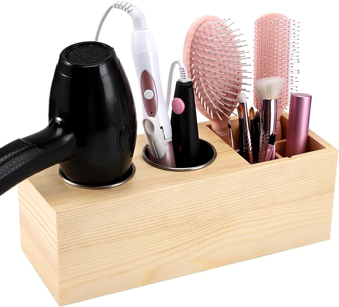 Hair Dryer Countertop Holder, Hair Tool Organizer Wall Mount, Blow Dryer Holder Organizer, Bathroom Countertop Blow Dryer Holder and Curling Iron Holder (Cedar Wood, Log color)