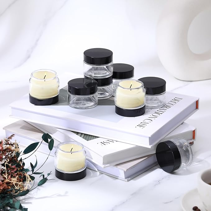 Domensi 100 Pcs 1 oz Glass Jars with Lids Bulk Round Glass Cosmetic Jars for DIY Lip Balm Small Travel Containers with Inner Liner for Lotions Powders Ointments Sample Cream(Clear, Black)