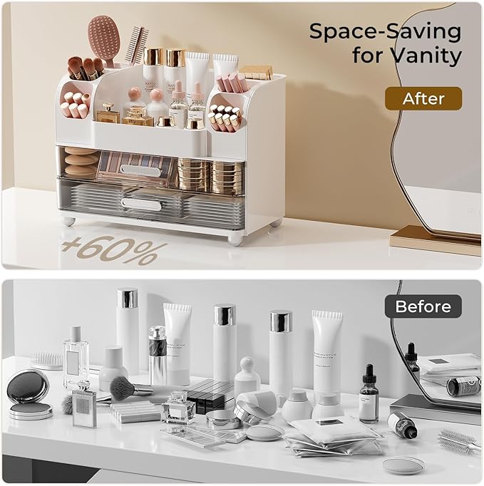Makeup Organizer for Vanity with 2 Large Drawers, Cosmetic Display Case with Brush Holders, Easy to Storage for Bathroom Countertop Skincare, Desk Office Supplies, White