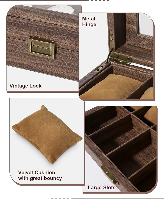 Uten Watch Box 10 Slots, Watch Case Organizer with Real Glass Lid, Wood Grain PU Leather Watch Display Storage Box with Removable Imitation Suede Watch Pillows, Metal Clasp