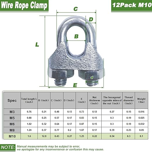12PCS 3/8" M10 Zinc-Plated Wire Rope Clamps – Heavy Duty U-Bolt Cable Clips (Silver)