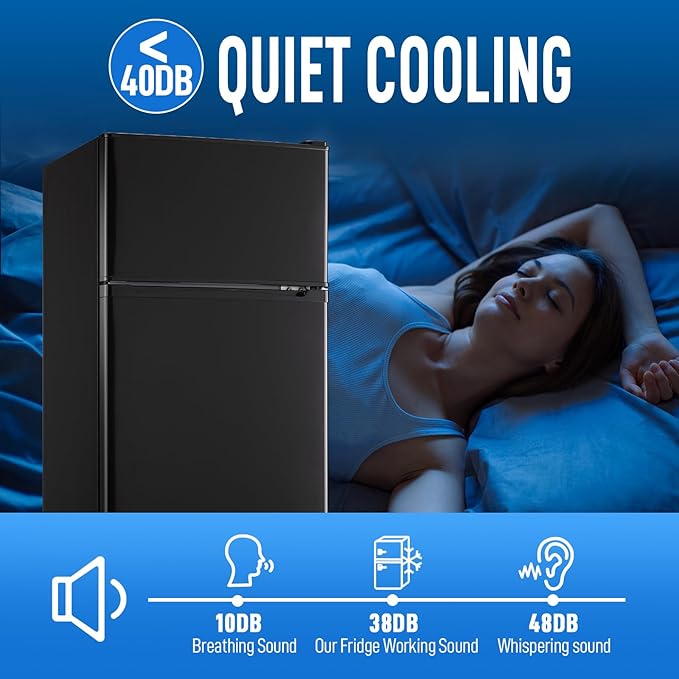 WANAI 3.5 CU.FT 2 Door Mini Fridge with Freezer Freestadning Small Refrigerator Features 7 Gear Mechanical Control, Side Bottle Rack, 2 Glass Removable Shelves, Crisper Drawer Black