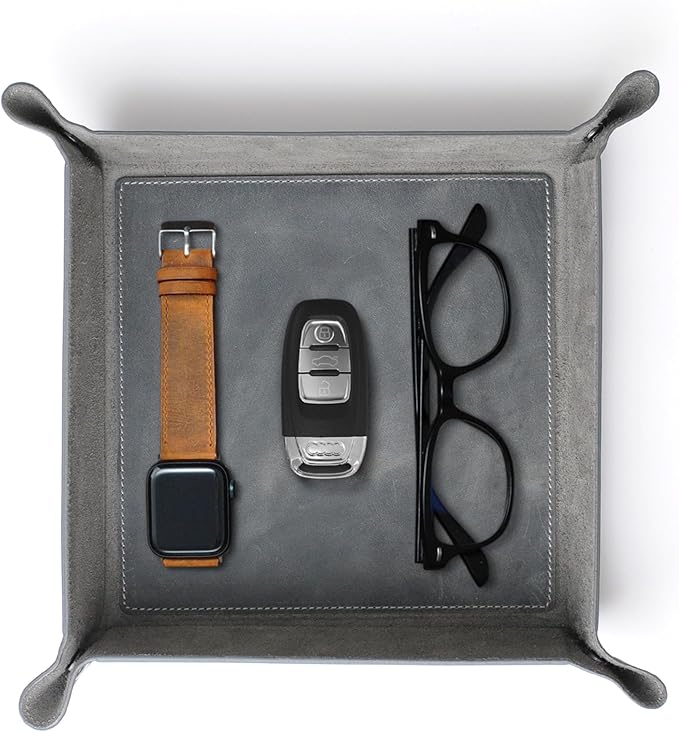 Handmade Leather Catch All Tray, Customizable Handcrafted Genuine Leather Valet Tray and Organizer for Keys, Phones, Jewels, Coins, Square - Medium, Grey